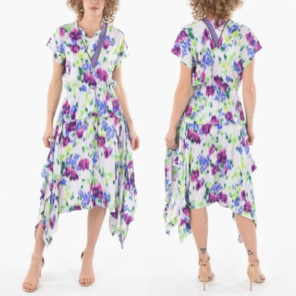 Kenzo Wisteria Asymmetric Hankerchief Midi Dress in Blurred Floral Print - Picture 1 of 14
